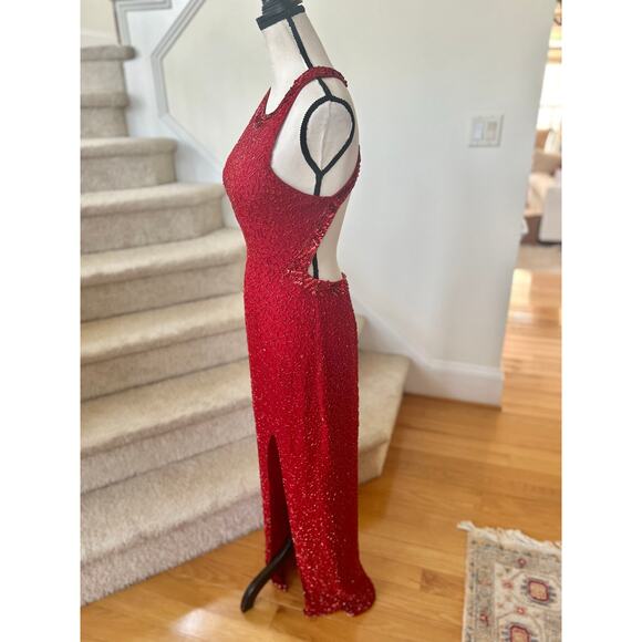 Vintage Y2K Cache Silk Red Beaded Backless Maxi Slit Gown - Picture 5 of 12
